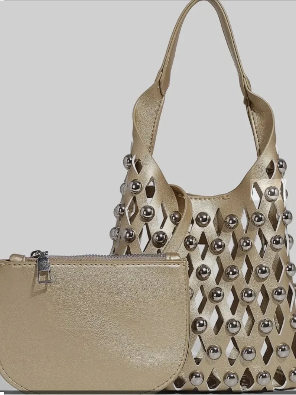 BC Bags Faux Leather Lattice Studded Metallic Taupe Shoulder Bag with Pouch - Picture 1 of 2
